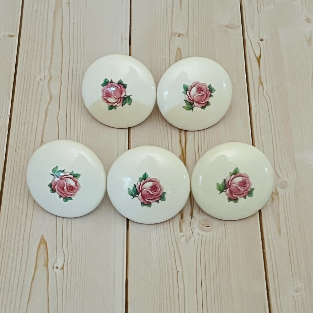 5 White Antique Ceramic Pink Rose Cabinet Door Knobs Drawer Pulls